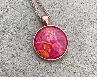 Pink and Rose Gold Pendant - Fluid art - Acrylic Painting Necklace - Paint Skin Jewelry - Gift for Women - Art necklace - Wearable art