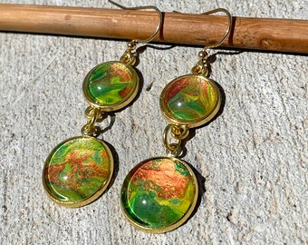 Chandelier Circle Earrings in Green Orange and Gold - Large - Fluid Art - Paint Pour Jewelry - Paint Skin Jewelry - Gift for Women - Boho