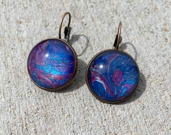 Leverback Earrings in Blue and Copper - Large - Fluid Art Jewelry - Paint Pour Jewelry - Paint Skin - Gift for Women - Boho - Wearable art