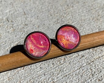 Stud Earrings in Pink Orange and Antique Silver - Fluid Art Jewelry - Paint Pour Jewelry - Paint Skin Jewelry - Gift for Women - Boho