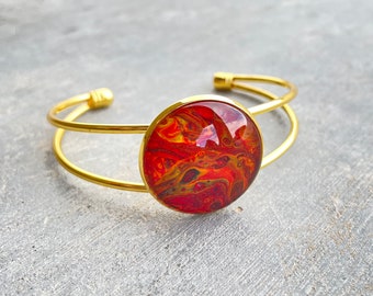 Statement Cuff in Red and Gold - Fluid Art Jewelry - Paint Pour Jewelry - Paint Skin Jewelry - Gift for Women - Art Ring - Bohemian