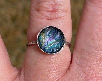 Tiny Planet Statement Ring - Small - Fluid Art Jewelry - Paint Pour Jewelry - Paint Skin Jewelry - Gift for Women - Art Ring - Boho