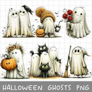 Puede incluir: Una colección de seis ilustraciones con fantasmas blancos en varias escenas: dos fantasmas con un pájaro negro, un fantasma con un gorro de punto sosteniendo una calabaza y un vaso, un fantasma con rosas rojas, un fantasma con una calabaza, fantasmas con gatos negros y un fantasma con una escoba.