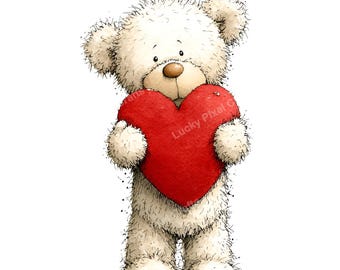 Watercolor Teddy Bear with Heart Clipart (Digital Download)