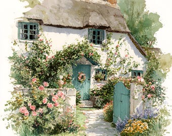 Papel digital Watercolor Cottage, papeles para álbumes de recortes de verano (JPG)