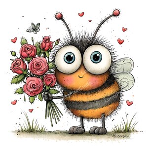 Könnte beinhalten: Eine skurrile Illustration einer Cartoon-Biene, die einen Strauß rosa Rosen hält. Die Biene hat große blaue Augen, orange und schwarze Streifen und ist von roten Herzen und einem Schmetterling umgeben. Das Kunstwerk hat einen Aquarellstil.