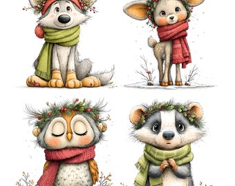 Winter Tiere Clipart, JPG, Skurril Weihnachten Clipart, Tiere Clipart, Weihnachtsclipart, Tiere Bundle Clipart