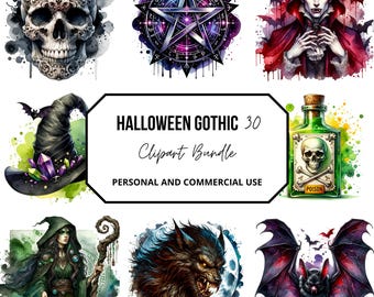 Halloween Gothic Watercolor Clipart Bundle (30 PNG)