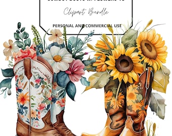 May include: Watercolor illustration of two pairs of cowboy boots with floral arrangements. One pair features a white background with colorful flowers, while the other has a brown and orange floral design. The image includes the text "COWBOY BOOTS W/FLOWERS 16 Clipart Bundle".