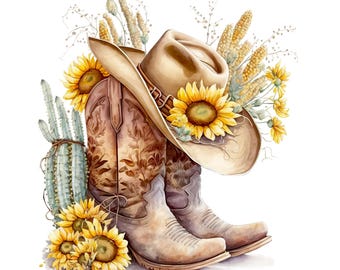 May include: Watercolor illustration of a cowboy hat and boots with sunflowers and a cactus. The hat is tan with a brown leather strap. The boots are light brown with floral designs. Yellow sunflowers and a green cactus are also featured.