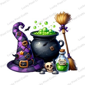 May include: A whimsical Halloween illustration featuring a witch's hat, cauldron, broom, and potion bottle. The purple and black hat has a buckle and star. The cauldron bubbles with green liquid. A skull and rocks are at the base.