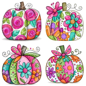 May include: A set of four digital illustrations of pumpkins decorated with vibrant floral patterns. Each pumpkin features distinct colorful designs including pink roses, teal daisies, orange blossoms, and green leaves with black outlines.