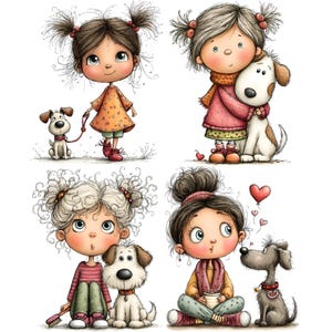 May include: A collection of four illustrations featuring children with various hairstyles interacting with dogs. The characters wear colorful clothing including sweaters, dresses, and patterned pants, while the dogs are depicted in white and grey tones.