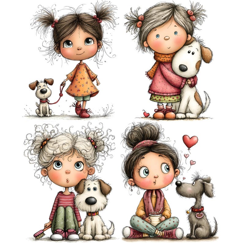 May include: A collection of four illustrations featuring children with various hairstyles interacting with dogs. The characters wear colorful clothing including sweaters, dresses, and patterned pants, while the dogs are depicted in white and grey tones.