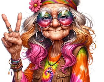 Funny Hippie Grandma JPG, Birthday Card Making, Scrapbooking (Digital Art)