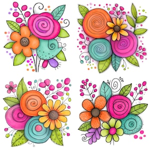 May include: A set of four square illustrations featuring vibrant floral arrangements. Each design showcases stylised flowers in shades of hot pink, orange, teal, and yellow, accented with green leaves, small berries, and swirling line details.