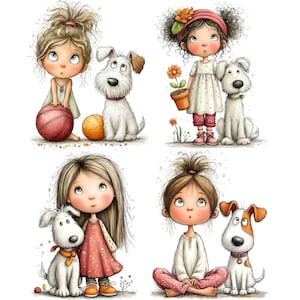 May include: Four illustrations featuring children and dogs. One child holds a red ball, another holds a potted flower, one stands beside a white dog, and one sits with a dog. The characters have large eyes and expressive faces, rendered in a soft, detailed art style.