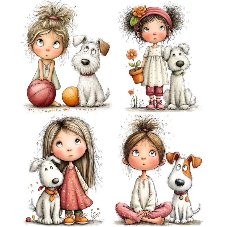 May include: Four illustrations featuring children and dogs. One child holds a red ball, another holds a potted flower, one stands beside a white dog, and one sits with a dog. The characters have large eyes and expressive faces, rendered in a soft, detailed art style.