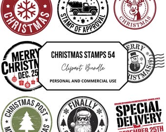 Christmas Stamp Clipart Bundle, 54 PNG Designs (Digital Download)