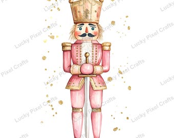 Cascanueces rosa en acuarela, clipart navideño (descarga digital)