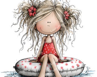 May include: A cartoon illustration of a girl with blonde hair and red flower hair accessories, wearing a red polka dot swimsuit. She is sitting on a white and pink floral patterned inflatable ring in water.