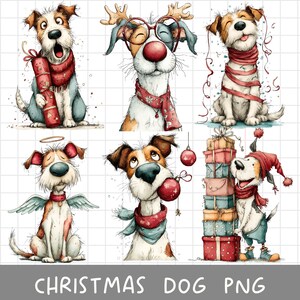 Pode incluir: Uma coleção de seis ilustrações apresentando um cão branco e castanho em várias cenas festivas. O cão é retratado a usar cachecóis vermelhos, hastes de rena e um gorro, interagindo com presentes de Natal, ornamentos e fitas.