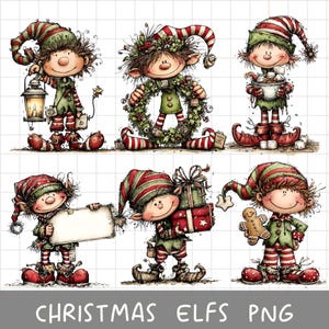 Puede incluir: Seis ilustraciones de elfos navideños con gorros y ropa de rayas rojas y verdes. Uno sostiene una linterna, una corona, un cuenco de malvaviscos, un cartel en blanco, regalos y un hombre de jengibre. El texto dice CHRISTMAS ELFS PNG.