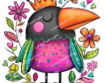 Clip art de cuervo caprichoso, JPG, ilustración de pájaro colorido (descarga digital)