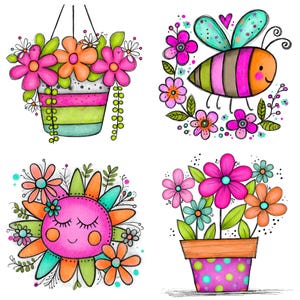 May include: A set of four colorful illustrations featuring a hanging flower pot with pink and orange blooms, a striped bee surrounded by flowers, a smiling sun face with petal rays, and a potted plant with pink, orange, and teal flowers.
