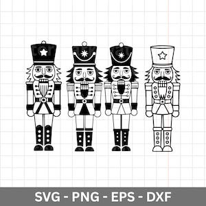 May include: Four black and white illustrations of nutcracker soldiers. Each soldier has a unique hat, moustache, and uniform. The image includes the text "SVG - PNG - EPS - DXF".