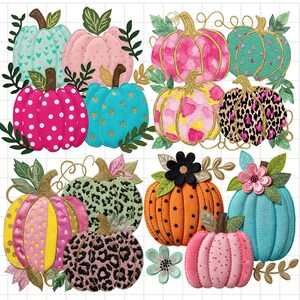 May include: A selection of decorative pumpkins in diverse colours and patterns. Designs include polka dots, leopard print, and floral accents. The pumpkins are in shades of pink, teal, orange, and yellow, with gold and green embellishments.