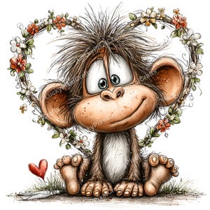 Könnte beinhalten: Ein Cartoon-Affe mit großen Augen und einem freundlichen Lächeln sitzt vor einem herzförmigen Blumenkranz. Der Affe hat braunes Fell und große Ohren. Ein kleines rotes Herz liegt auf dem Boden in der Nähe des Affen.