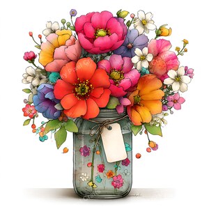 Può includere: Illustrazione ad acquerello di una vivace composizione floreale in un barattolo di vetro. Il bouquet presenta un mix di fiori colorati, tra cui fiori rossi, rosa, arancioni, gialli e viola. Un'etichetta vuota è appesa al barattolo, legata con spago.