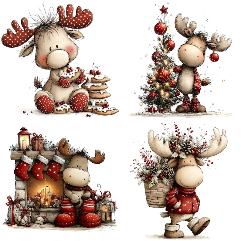 Alce navideño caprichoso JPG, papeles para álbumes de recortes navideños (descarga digital)