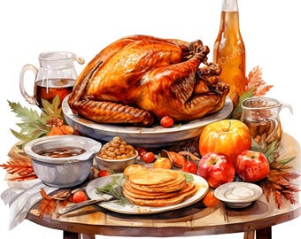 May include: A watercolour illustration of a Thanksgiving feast on a round wooden table. A roasted turkey is the centerpiece, surrounded by side dishes, apples, and a bottle of cider. The table is set with plates, bowls, and jugs.