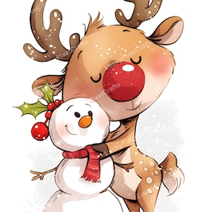 May include: A watercolor illustration of a reindeer and a snowman hugging. The reindeer has brown antlers, a red nose, and is covered in white spots. The snowman wears a red scarf and has a carrot nose. Holly and berries are on the reindeer's head.