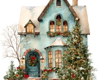 Watercolor Christmas House Digital Paper, Holiday Scrapbook (JPG)