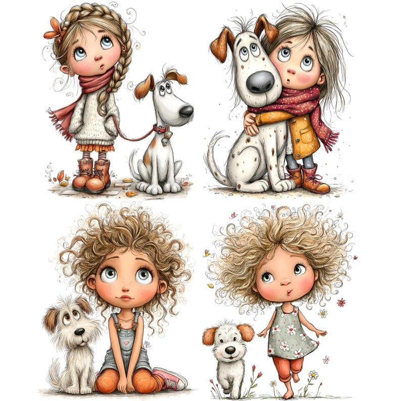 May include: A collection of four illustrations featuring children and dogs. One child has a braided hairstyle and scarf, another hugs a spotted dog, a third has curly hair and wears overalls, and the fourth has curly hair and a floral dress.