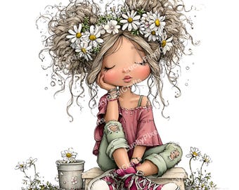 Daisy Girl Clipart, JPG, Whimsical Girl (Instant Download)