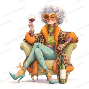 May include: A watercolour illustration of a woman in a leopard print coat, orange sunglasses, and teal polka dot trousers, holding a wine glass. A bottle of wine is beside her. The image has the text "Lucky Pixel Crafts".
