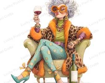 Watercolor Old Lady Art, Quirky Illustration, Junk Journaling (Digital Download)