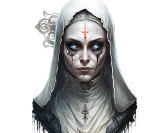 May include: Digital art portrait of a person with pale skin, blue eyes, and dark eye makeup. They wear a white hooded garment with a red cross on their forehead. The image has a gothic or fantasy theme.
