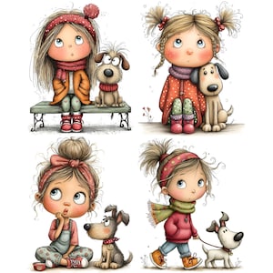 May include: A set of four illustrations featuring children with various hairstyles and outfits, each accompanied by a small dog. The characters are depicted in different poses, including sitting on a bench, sitting on the ground, and walking a dog.