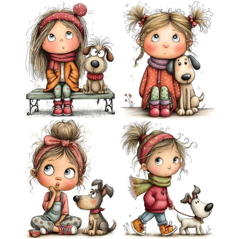 May include: A set of four illustrations featuring children with various hairstyles and outfits, each accompanied by a small dog. The characters are depicted in different poses, including sitting on a bench, sitting on the ground, and walking a dog.