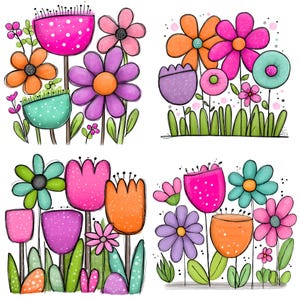 May include: A set of four square illustrations featuring colourful flowers in shades of pink, purple, orange, and teal. Each panel displays stylised blossoms with dotted patterns, solid petals, and green stems rising from simple grass blades.