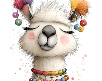 May include: A watercolor illustration of a smiling llama with closed eyes. The llama has fluffy white fur, pink cheeks, and is adorned with colorful pom-poms and a rainbow beaded necklace. The image has a whimsical, artistic style.