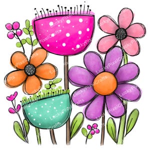 May include: A whimsical illustration of colorful flowers in shades of pink, orange, purple, and teal. The flowers have black outlines and are set against a white background. Some flowers have white polka dots. The image has the text "LuckyPixelCrafts".