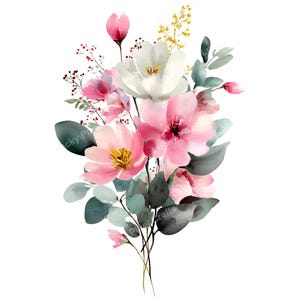 May include: Watercolor illustration of a floral bouquet featuring pink and white flowers with yellow centers, accented by green and gray leaves and small red berries. The arrangement is set against a white background, creating a delicate and artistic design.