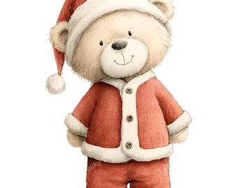 Aquarel kerstteddybeer clipart, winter png (digitale download)