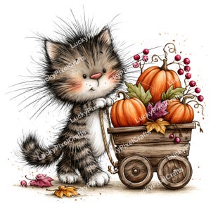 Puede incluir: Un gatito atigrado gris y esponjoso con bigotes largos y mejillas rosadas tira de un pequeño carro de madera rústico lleno de tres calabazas naranjas, hojas de otoño verdes y moradas, y racimos de pequeñas bayas rojas en tallos finos.